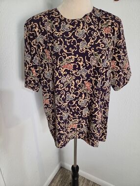 Worthington Vintage Purple & Cream Floral & Scroll Print Blouse, Size Large